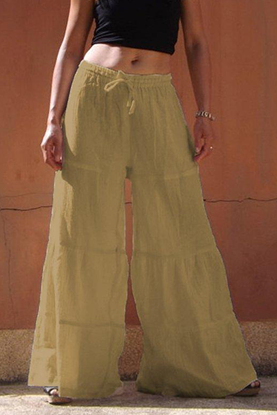 Pantalones casuales de patchwork liso con frenillo, holgados y de pierna ancha