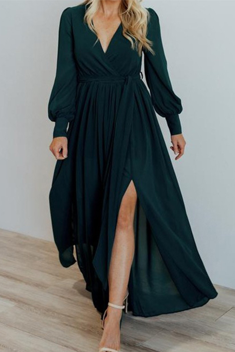 Vestidos elegantes de moda con abertura sólida y cinturón en el cuello en V (5 colores)