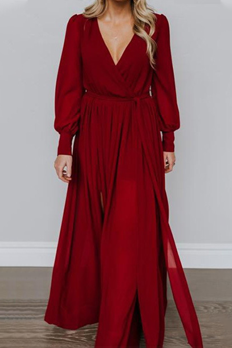 Vestidos elegantes de moda con abertura sólida y cinturón en el cuello en V (5 colores)