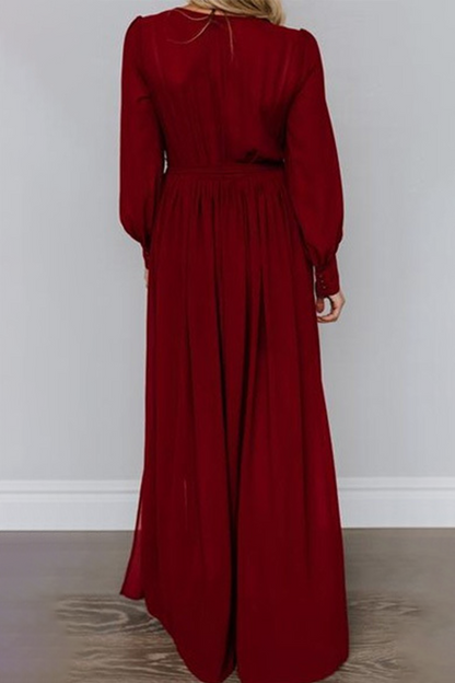 Vestidos elegantes de moda con abertura sólida y cinturón en el cuello en V (5 colores)