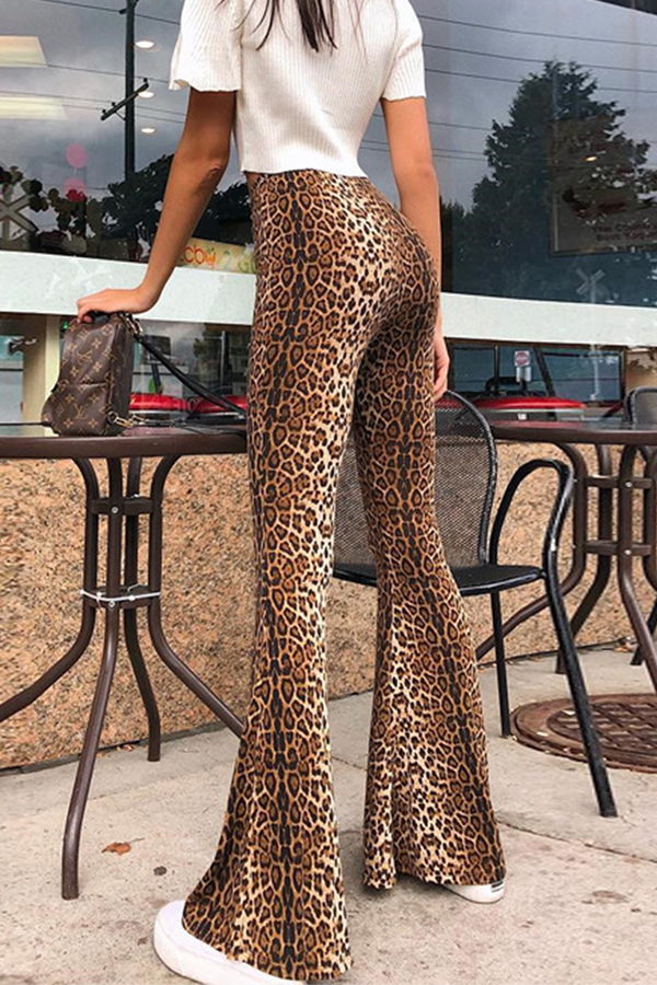 Pantalones de moda con estampado animal de leopardo y abertura en la parte de abajo, básicos, de corte a bota, de cintura alta y estampado completo