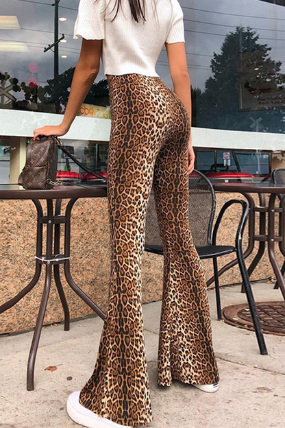 Pantalones de moda con estampado animal de leopardo y abertura en la parte de abajo, básicos, de corte a bota, de cintura alta y estampado completo