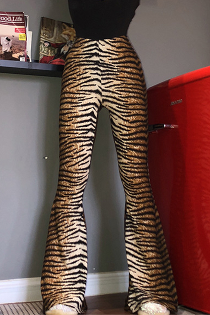 Pantalones de moda con estampado animal de leopardo y abertura en la parte de abajo, básicos, de corte a bota, de cintura alta y estampado completo