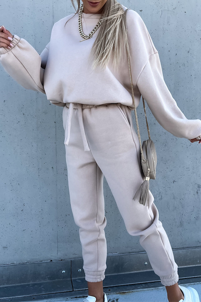 Conjunto de dos piezas de moda informal con cuello redondo, manga larga y parches sólidos (5 colores)