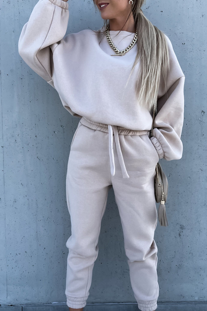 Conjunto de dos piezas de moda informal con cuello redondo, manga larga y parches sólidos (5 colores)