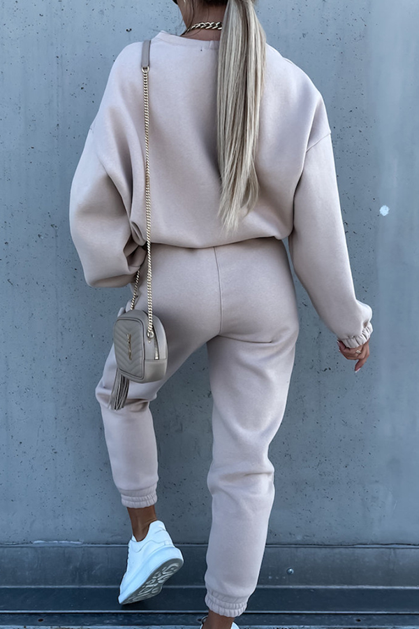 Conjunto de dos piezas de moda informal con cuello redondo, manga larga y parches sólidos (5 colores)