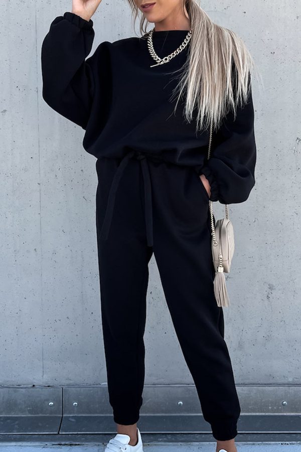 Conjunto de dos piezas de moda informal con cuello redondo, manga larga y parches sólidos (5 colores)