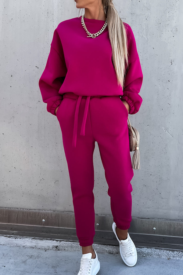 Conjunto de dos piezas de moda informal con cuello redondo, manga larga y parches sólidos (5 colores)