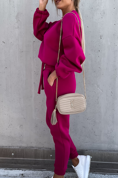 Conjunto de dos piezas de moda informal con cuello redondo, manga larga y parches sólidos (5 colores)