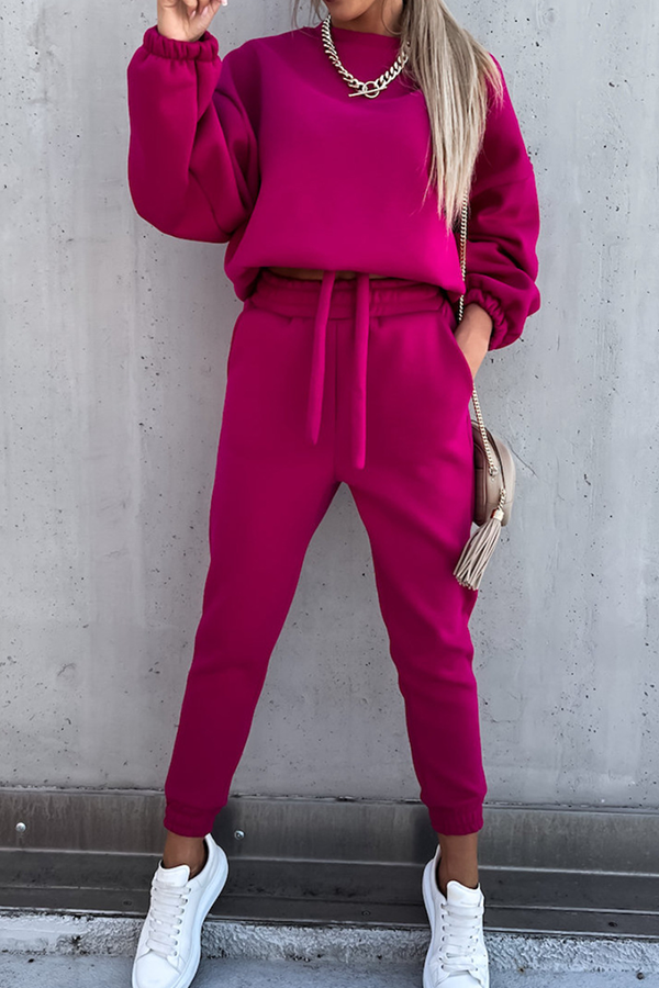 Conjunto de dos piezas de moda informal con cuello redondo, manga larga y parches sólidos (5 colores)