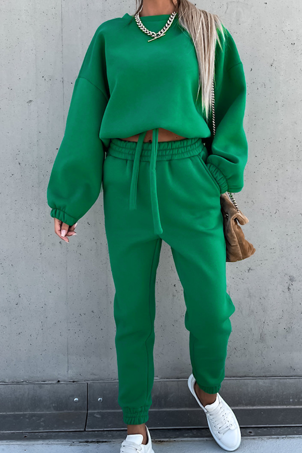 Conjunto de dos piezas de moda informal con cuello redondo, manga larga y parches sólidos (5 colores)