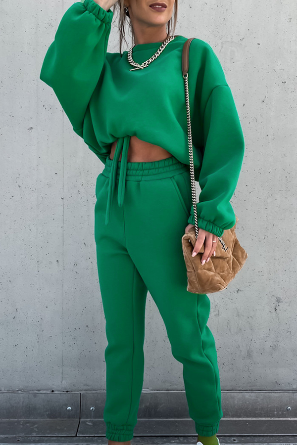 Conjunto de dos piezas de moda informal con cuello redondo, manga larga y parches sólidos (5 colores)