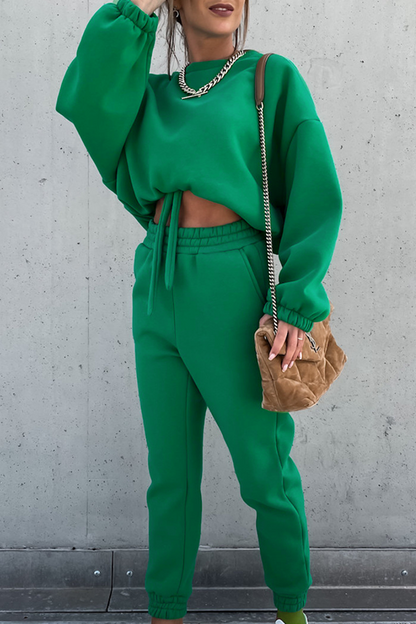 Conjunto de dos piezas de moda informal con cuello redondo, manga larga y parches sólidos (5 colores)