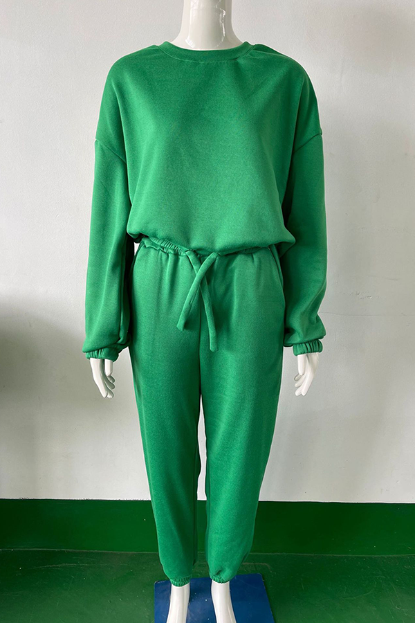 Conjunto de dos piezas de moda informal con cuello redondo, manga larga y parches sólidos (5 colores)