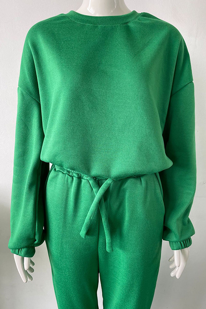 Conjunto de dos piezas de moda informal con cuello redondo, manga larga y parches sólidos (5 colores)