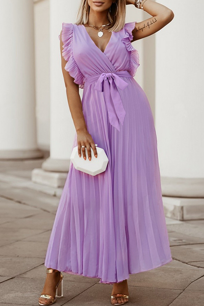 Elegante vestido plisado con escote en V y tirantes con volantes (6 colores)