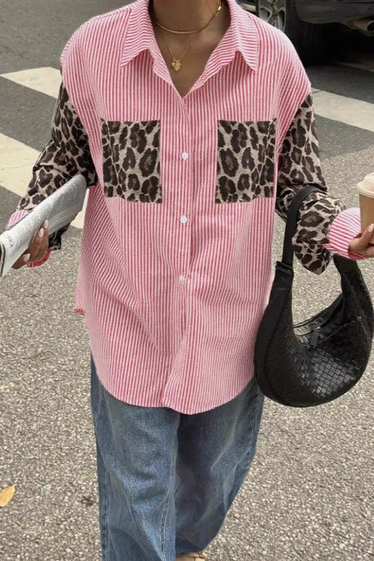 Stripe Leopard Patchwork Long Sleeve Casual Blouse