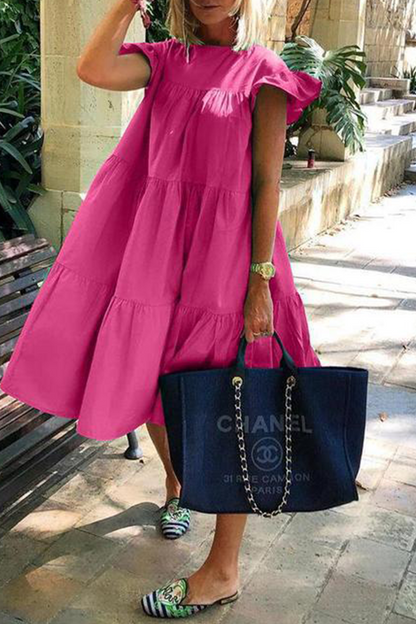 Vestidos casuales de falda pastel con cuello redondo y volantes lisos (6 colores)