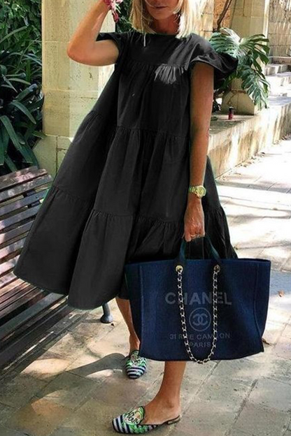 Vestidos casuales de falda pastel con cuello redondo y volantes lisos (6 colores)