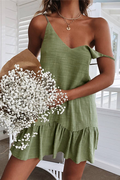 Vestidos casuales de falda pastel con hombros descubiertos y volantes lisos (3 colores)