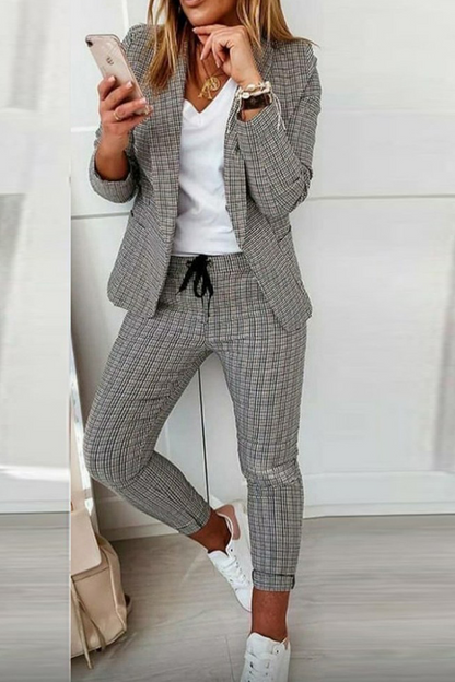 Conjunto informal de dos piezas con cuello vuelto, manga larga y cuadros escoceses (4 colores)