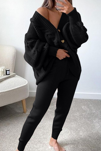 Conjunto informal de dos piezas con cuello en V, manga larga y parches sólidos