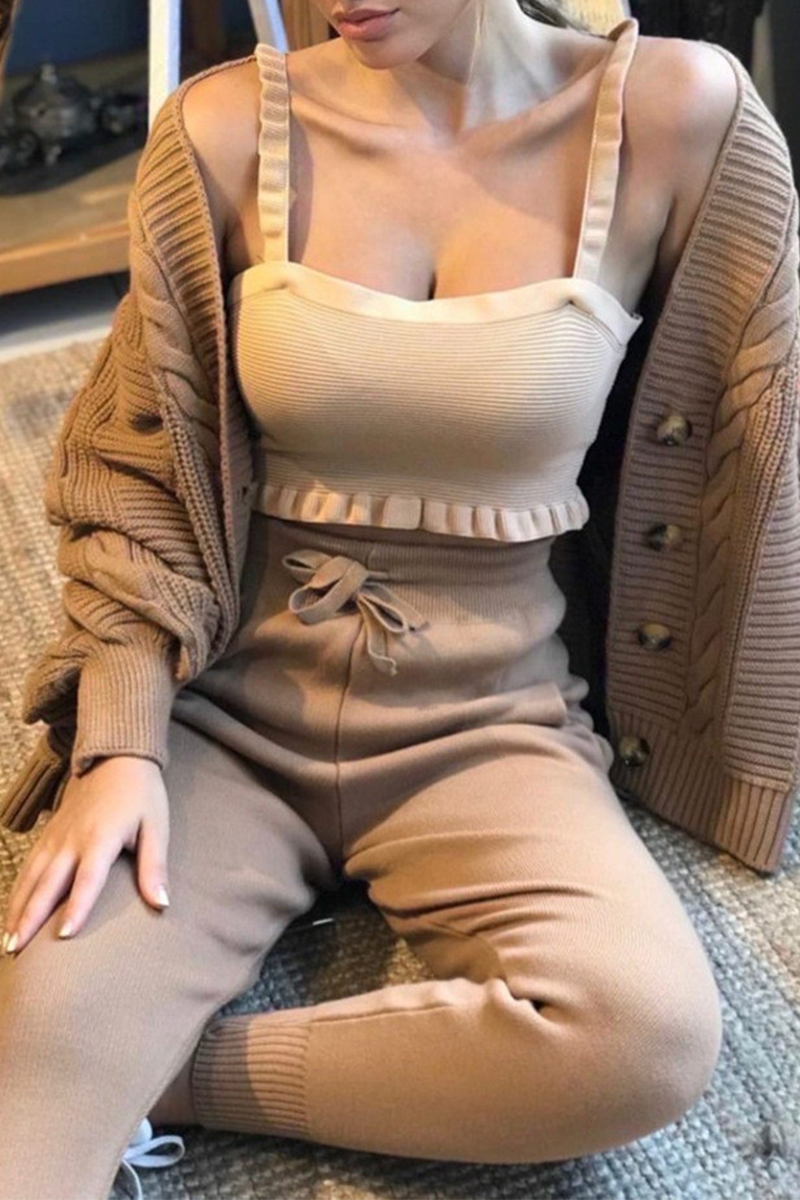 Conjunto informal de dos piezas con cuello en V, manga larga y parches sólidos