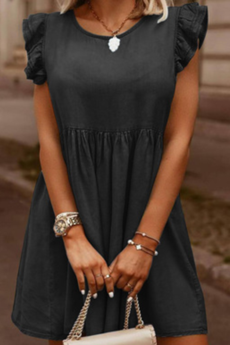 Vestidos vaqueros rectos informales de cuello redondo, sin mangas y con volantes (4 colores)