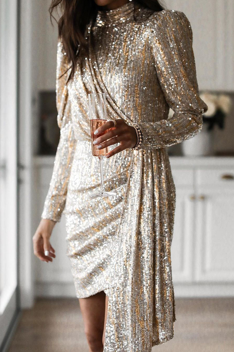 Vestidos casuales de falda lápiz con cuello alto y lentejuelas sólidas