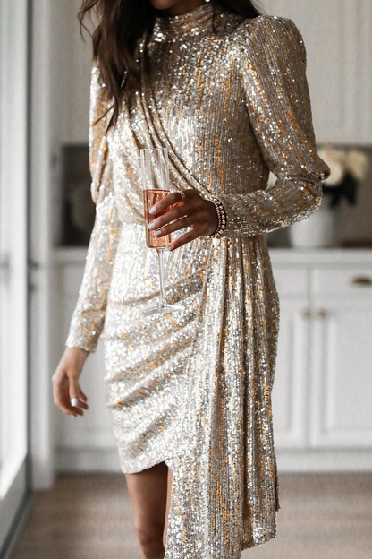 Vestidos casuales de falda lápiz con cuello alto y lentejuelas sólidas