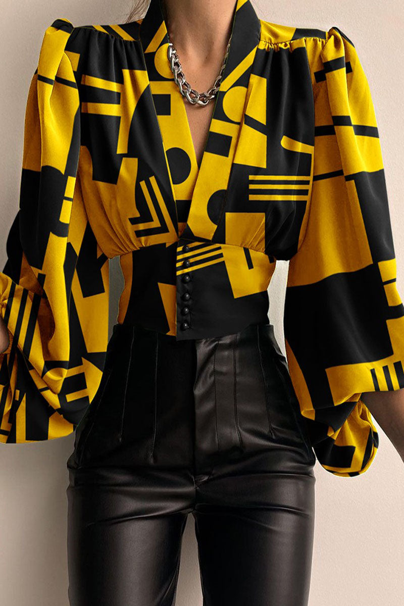 Tops casuales con cuello en V y patchwork con estampado