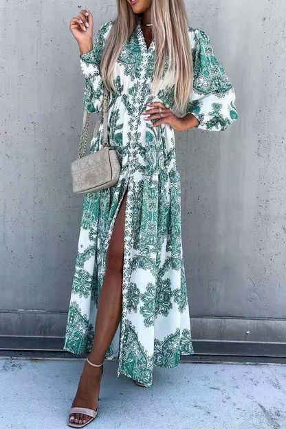 Vestido camisero informal con cuello vuelto y estampado de patchwork