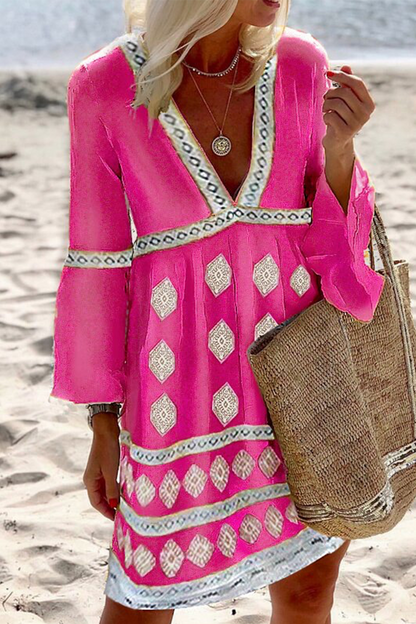 Vestidos casuales con estampado de patchwork, cuello en V y falda pastel (4 colores)