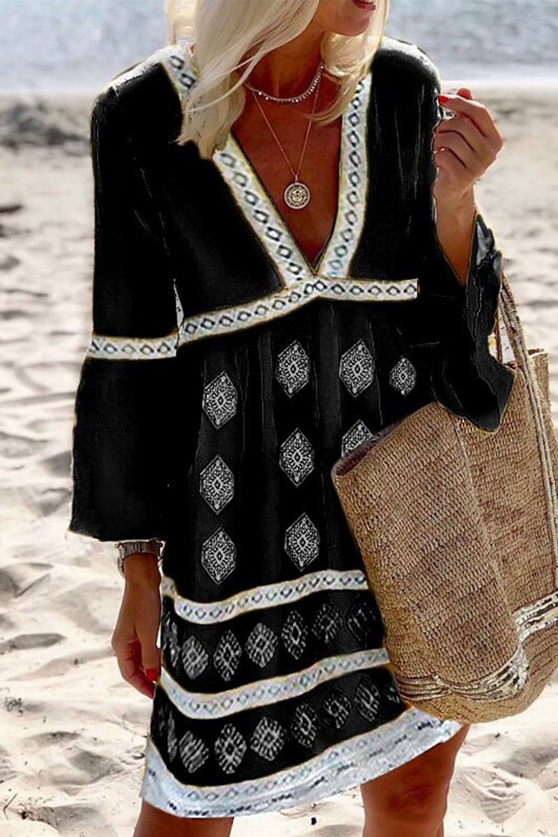 Vestidos casuales con estampado de patchwork, cuello en V y falda pastel (4 colores)