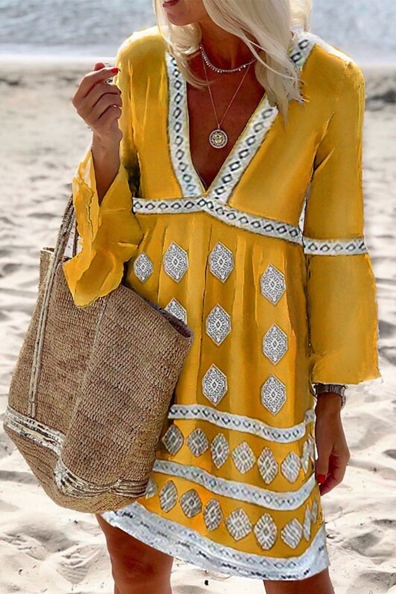 Vestidos casuales con estampado de patchwork, cuello en V y falda pastel (4 colores)