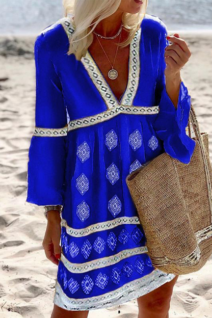 Vestidos casuales con estampado de patchwork, cuello en V y falda pastel (4 colores)