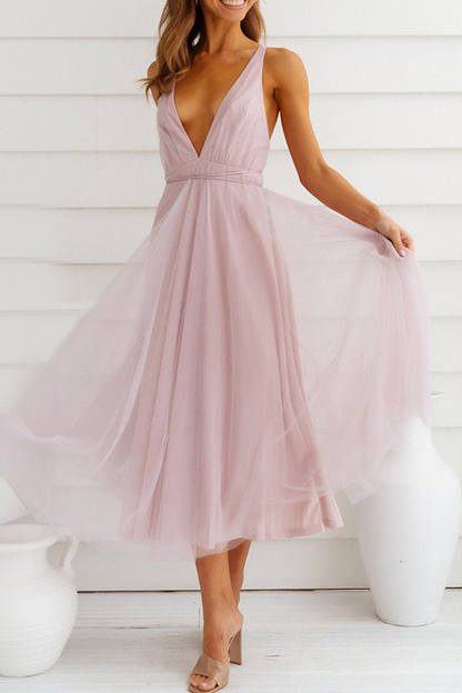 Vestidos casuales de malla lisa con escote en V y falda pastel (4 colores)