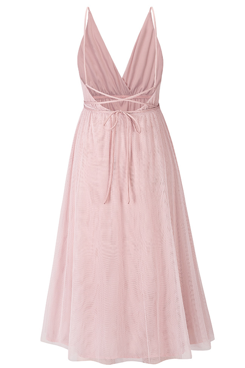 Vestidos casuales de malla lisa con escote en V y falda pastel (4 colores)