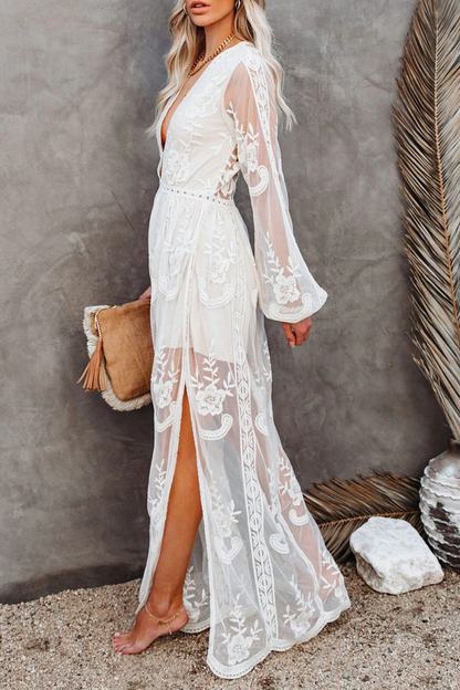 Vestido informal de encaje liso con escote en V (3 colores)