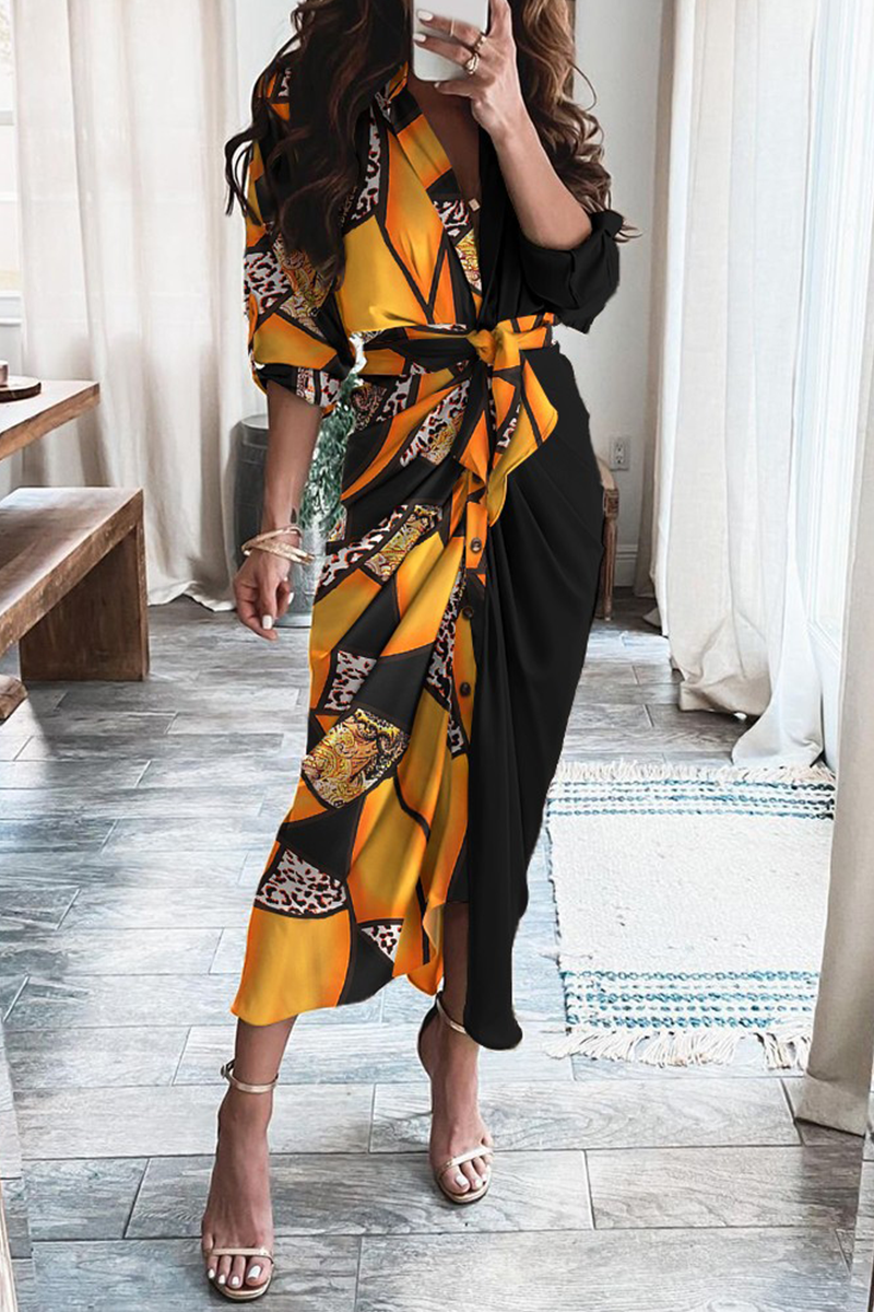 Vestidos casuales con estampado de patchwork, cuello en V y falda (12 colores)