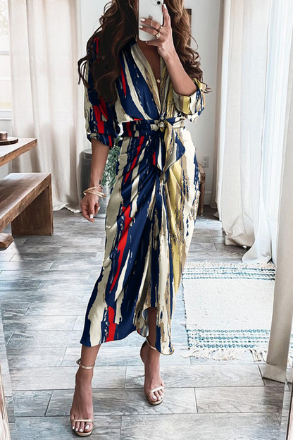 Vestidos casuales con estampado de patchwork, cuello en V y falda (12 colores)