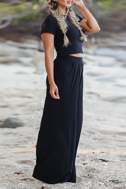 Conjunto de dos piezas de manga corta con cuello redondo y parches sólidos a la moda (3 colores)