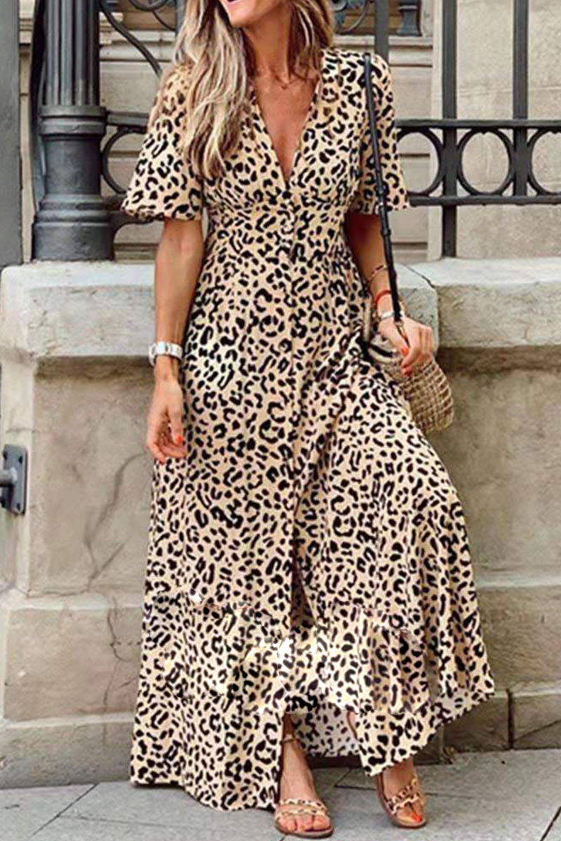 Vestidos rectos de moda con escote en V y abertura de leopardo