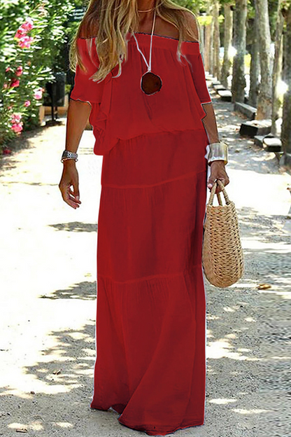 Vestidos rectos con hombros descubiertos y patchwork liso de moda