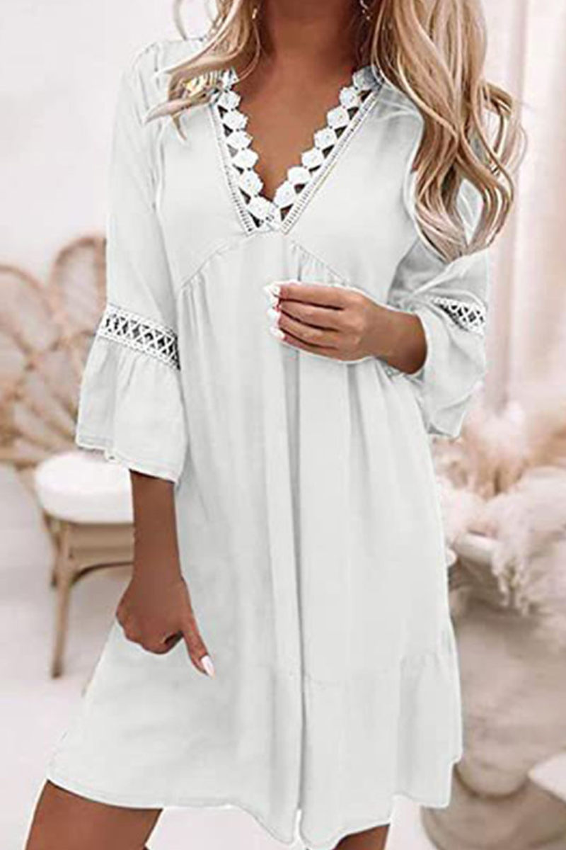 Vestidos rectos de cuello en V con encaje liso de moda (2 colores)