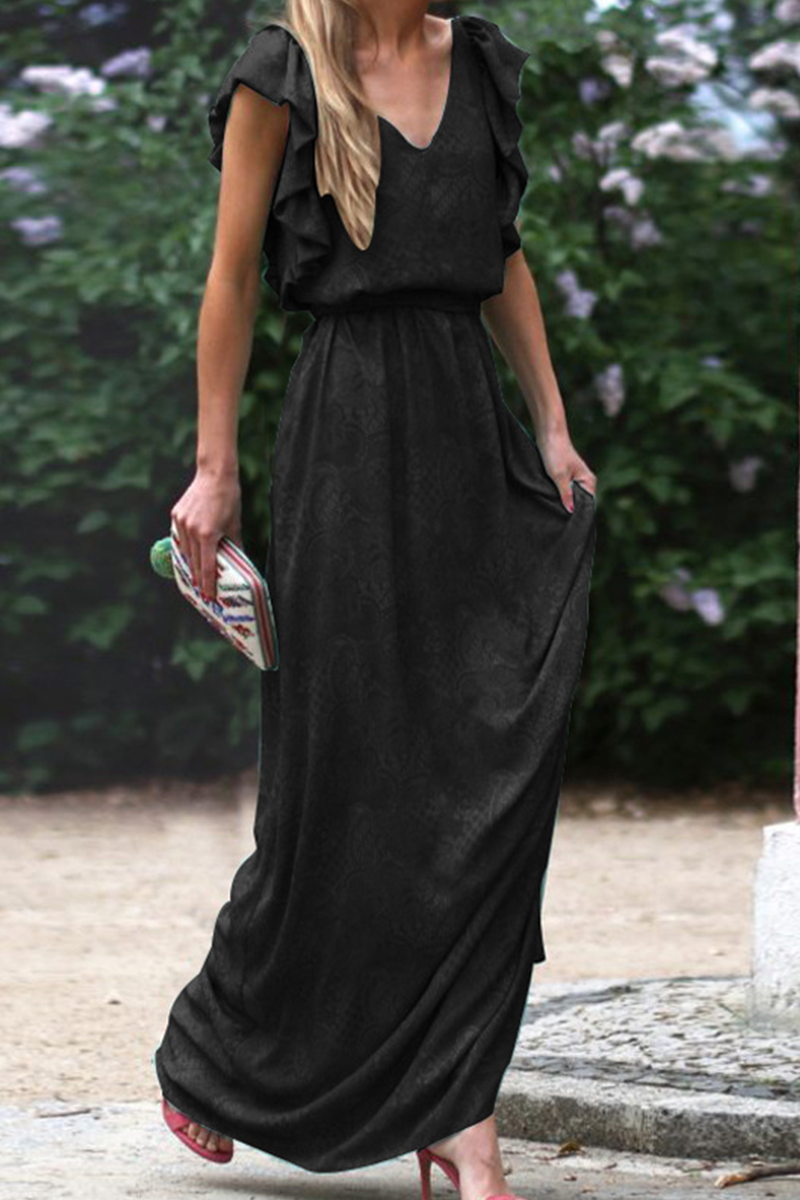 Vestidos de falda con escote en V y volantes sólidos de moda