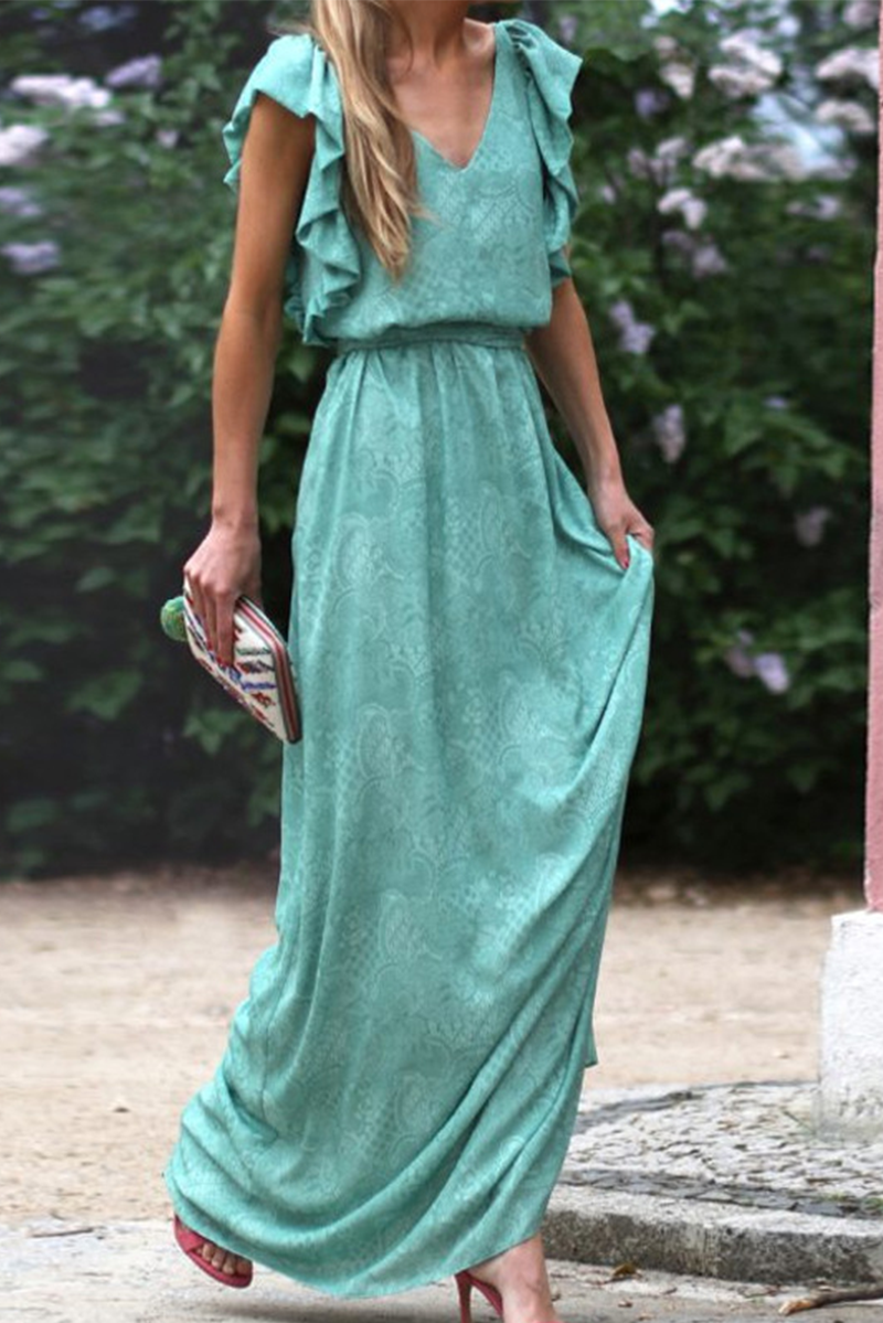 Vestidos de falda con escote en V y volantes sólidos de moda