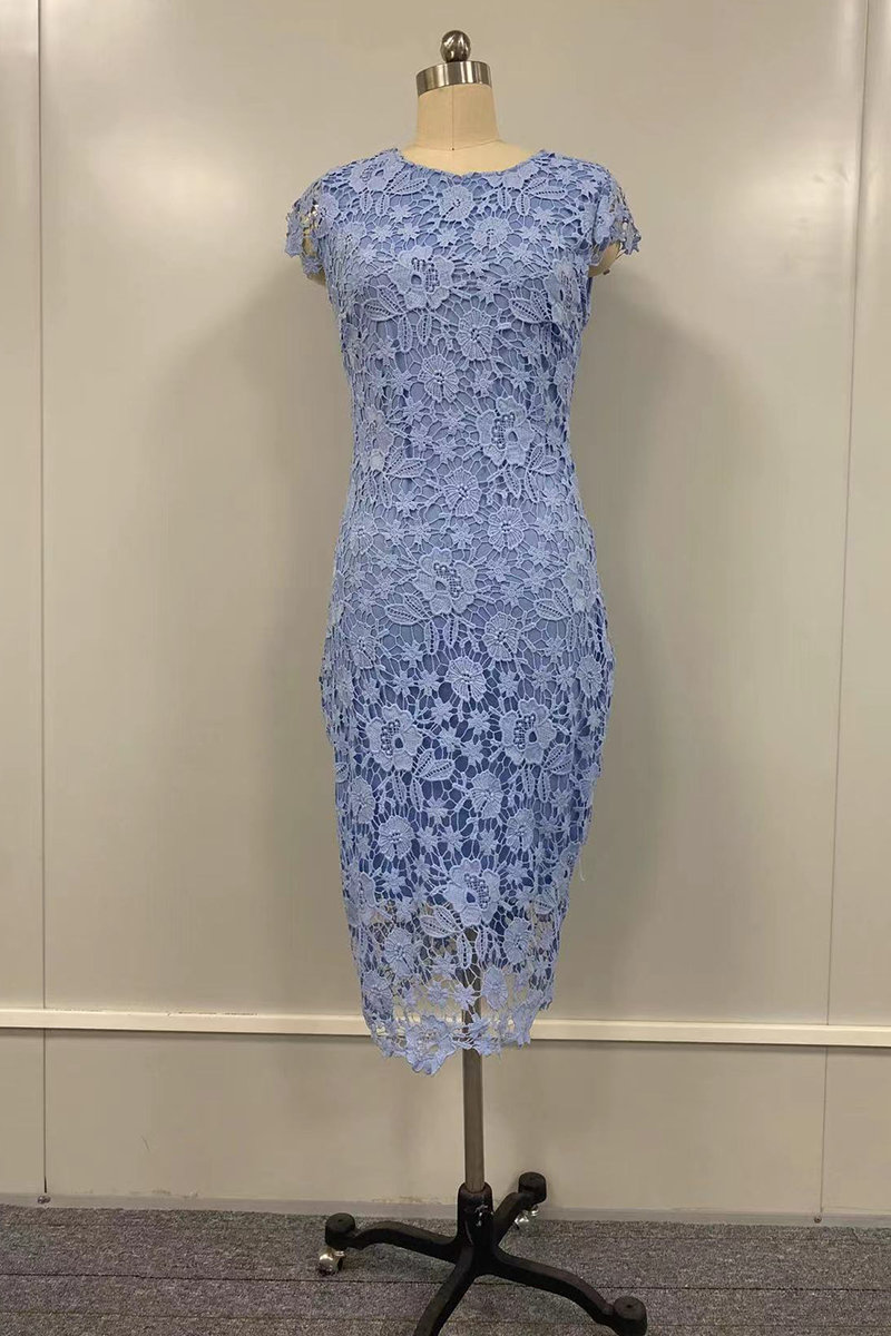 Vestidos de moda con falda lápiz de cuello redondo y encaje sólido