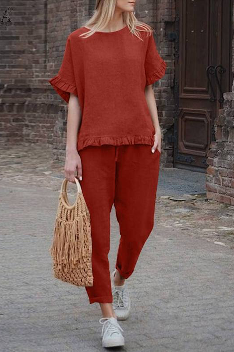 Conjunto informal de dos piezas con volantes, cuello redondo, manga corta (4 colores)