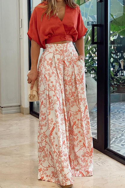 Conjunto de dos piezas con cuello en V, manga corta y estampado de patchwork (4 colores)